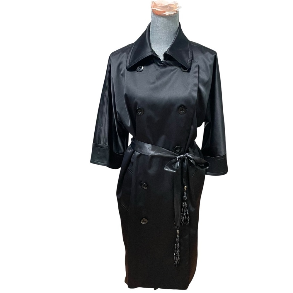 Kenneth Cole Reaction Black Satin Belted Trench Coat w/ Beaded Tassel Tie Sz. 10